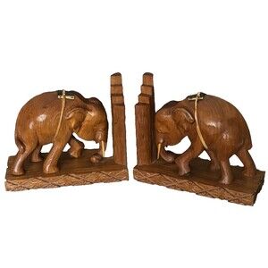 Wood elephant bookends Vintage Hand Carved two bookshelf office retro boho decor